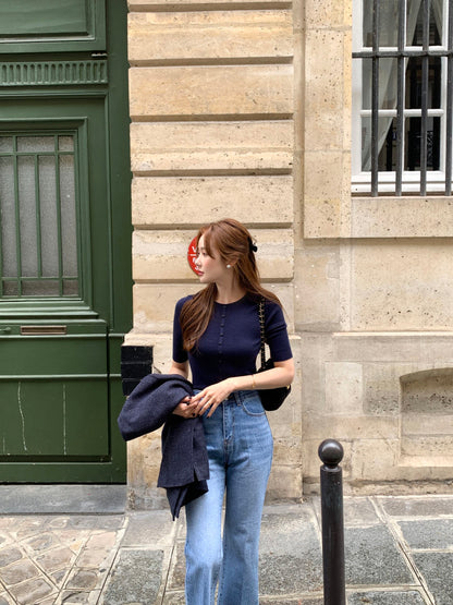 Crew Neck Slim Fit Knit Top with Button Detailing