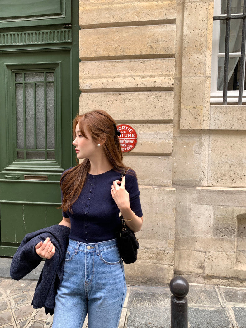 Crew Neck Slim Fit Knit Top with Button Detailing