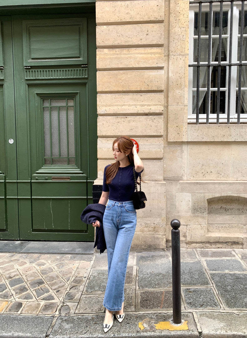 Crew Neck Slim Fit Knit Top with Button Detailing