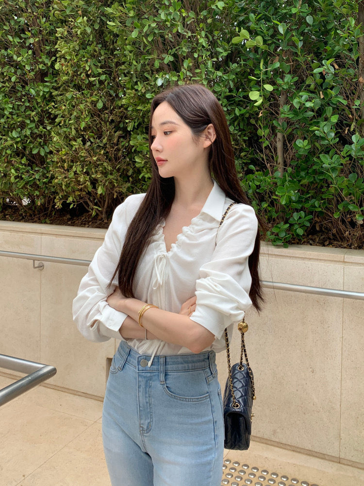 V-neck Drawstring Tie Slimming Blouse