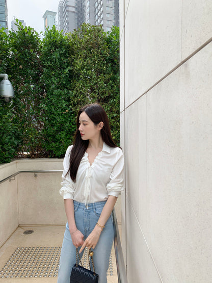 V-neck Drawstring Tie Slimming Blouse