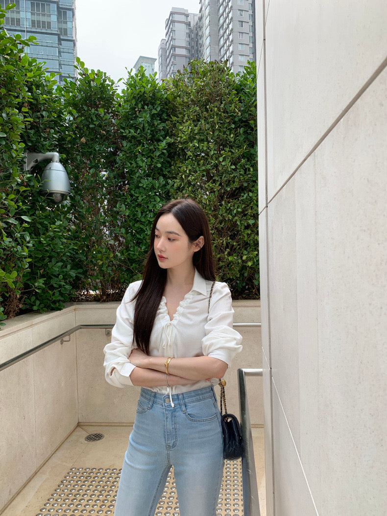 V-neck Drawstring Tie Slimming Blouse