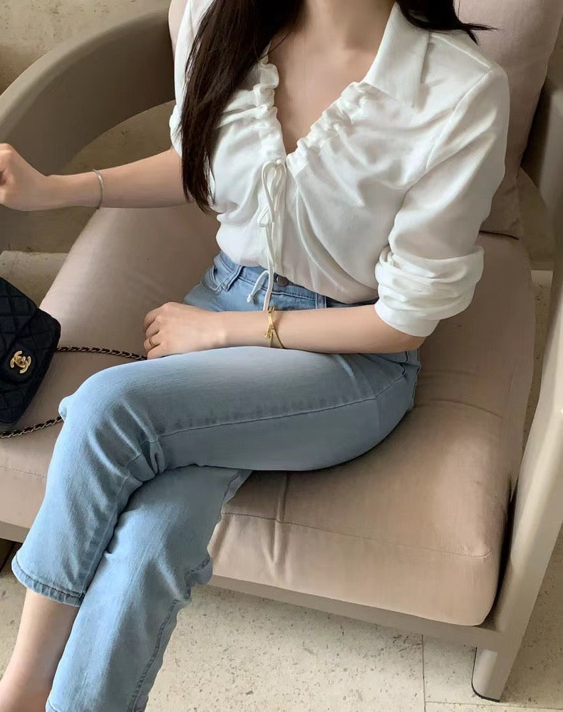 V-neck Drawstring Tie Slimming Blouse