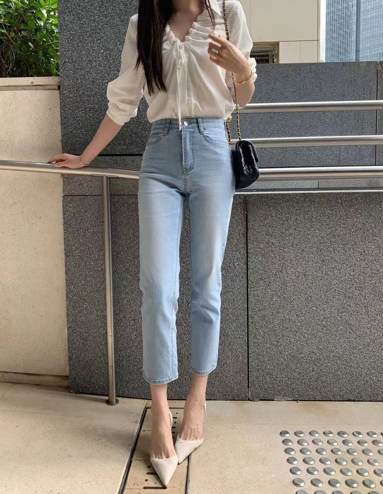 V-neck Drawstring Tie Slimming Blouse