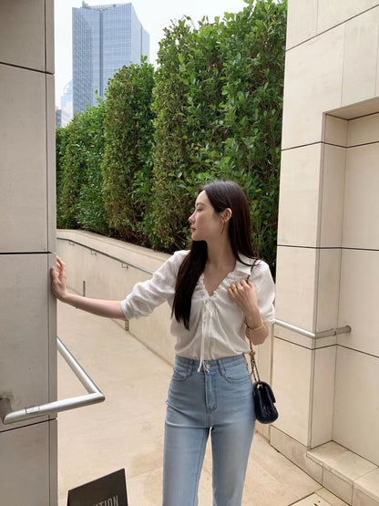 V-neck Drawstring Tie Slimming Blouse