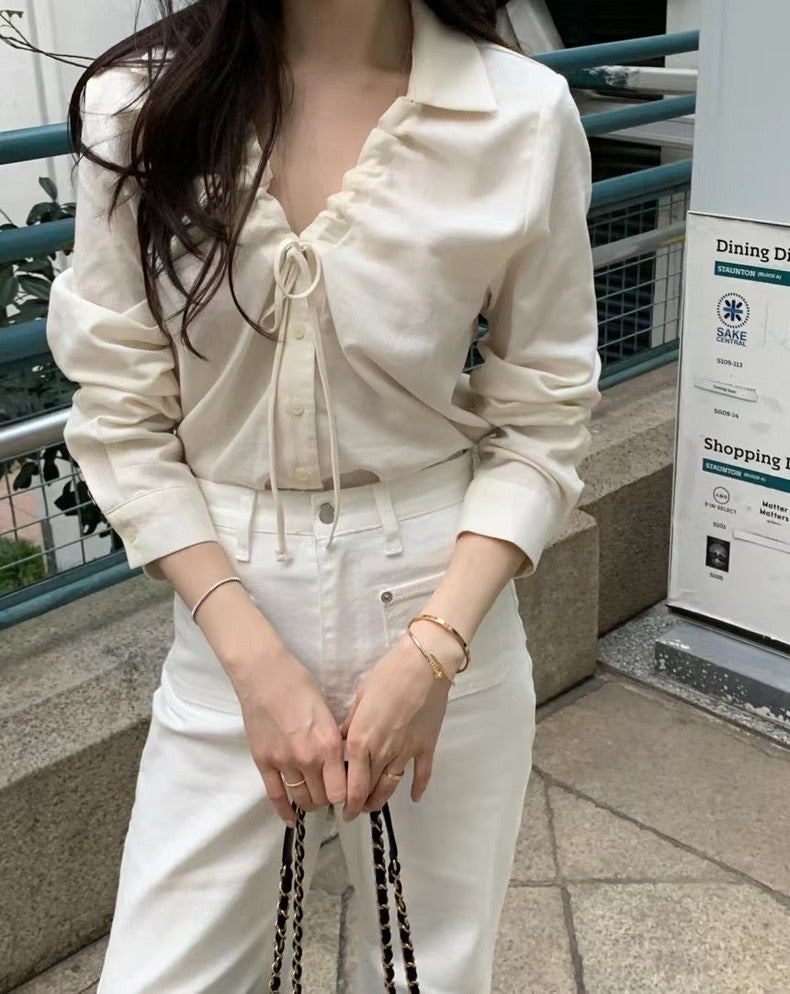 V-neck Drawstring Tie Slimming Blouse