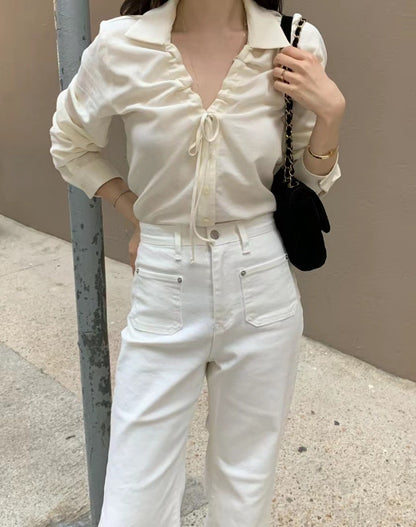 V-neck Drawstring Tie Slimming Blouse