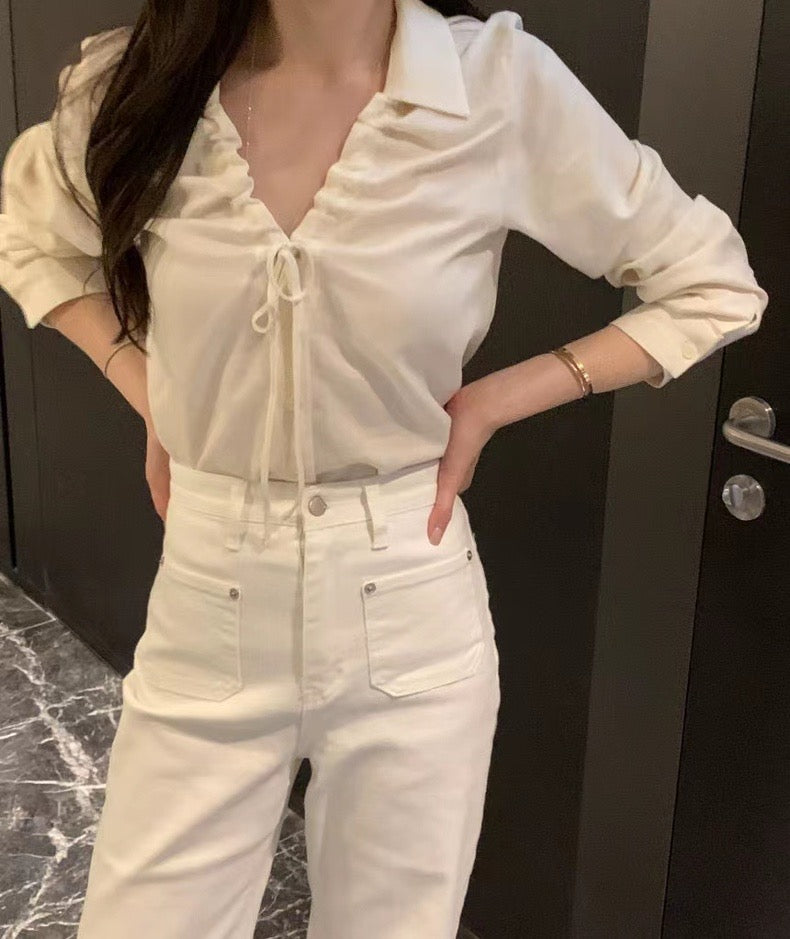 V-neck Drawstring Tie Slimming Blouse