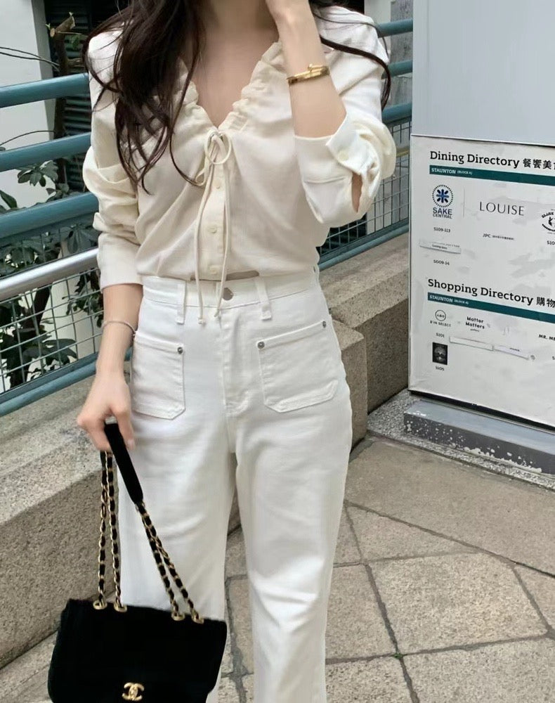 V-neck Drawstring Tie Slimming Blouse