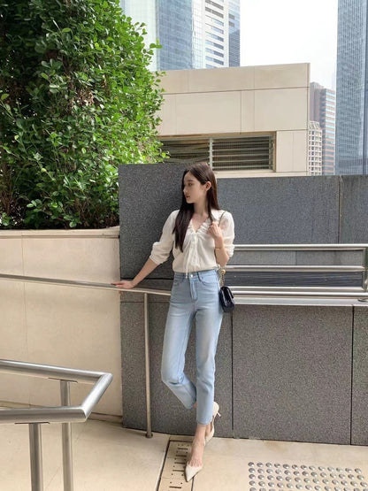 V-neck Drawstring Tie Slimming Blouse