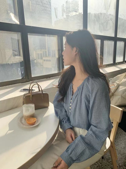 バイカラー チェック柄 ゆったりシャツ