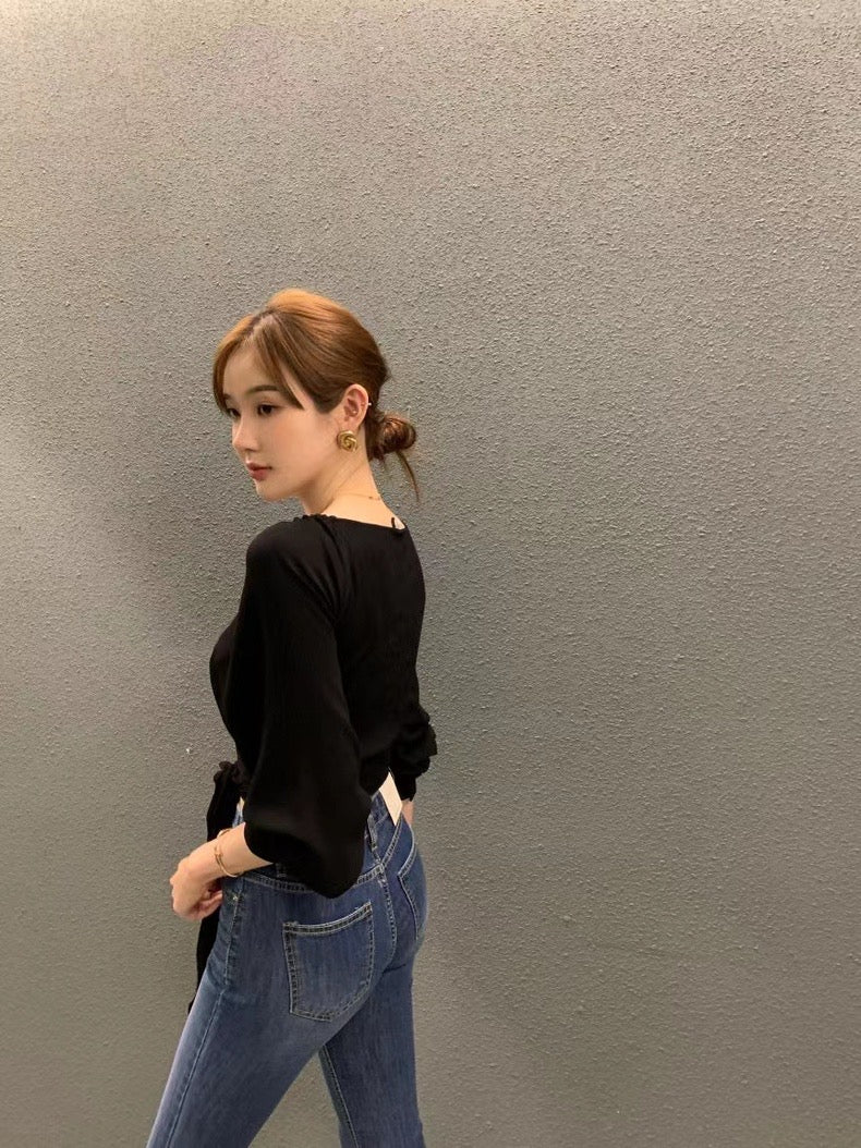 大V領綁帶收腰恤衫