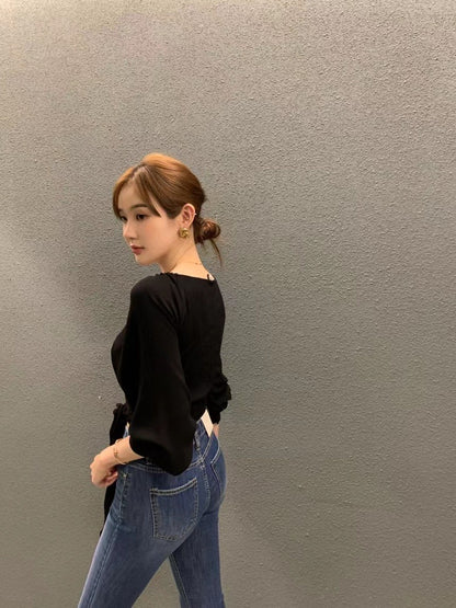 大V領綁帶收腰恤衫