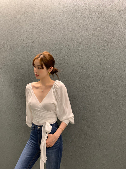 大V領綁帶收腰恤衫