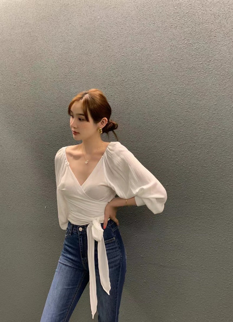 大V領綁帶收腰恤衫