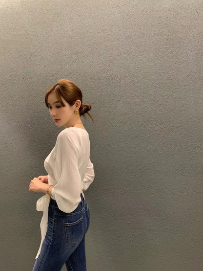 大V領綁帶收腰恤衫