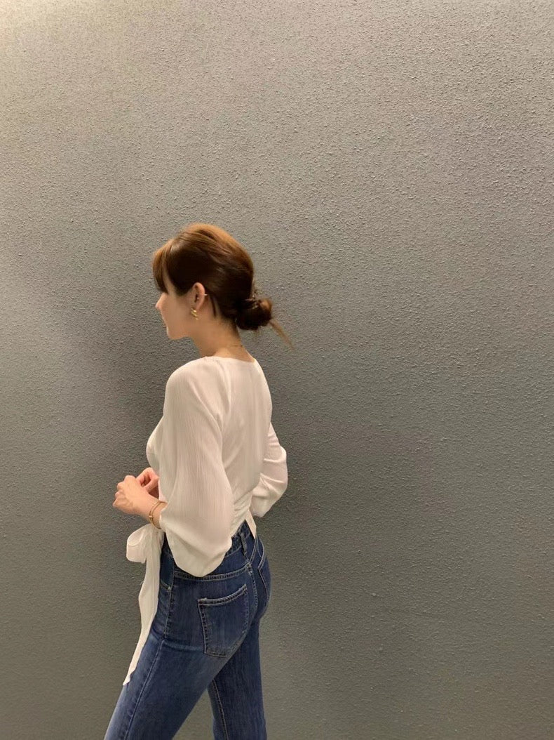 大V領綁帶收腰恤衫