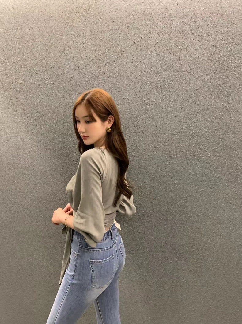 大V領綁帶收腰恤衫