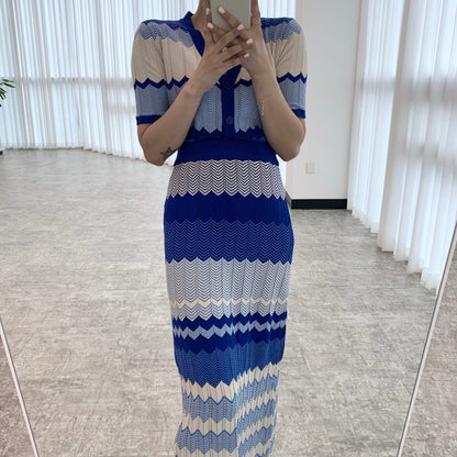 V領撞色波紋針織top+高腰修身包臀半身裙set