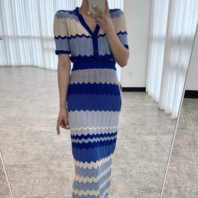 V領撞色波紋針織top+高腰修身包臀半身裙set