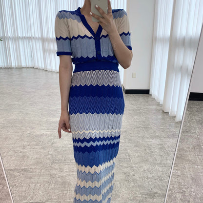 V領撞色波紋針織top+高腰修身包臀半身裙set