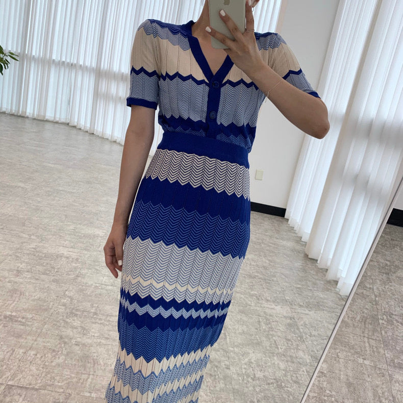 V領撞色波紋針織top+高腰修身包臀半身裙set