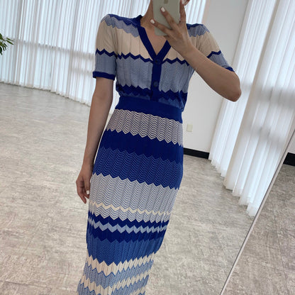 V領撞色波紋針織top+高腰修身包臀半身裙set