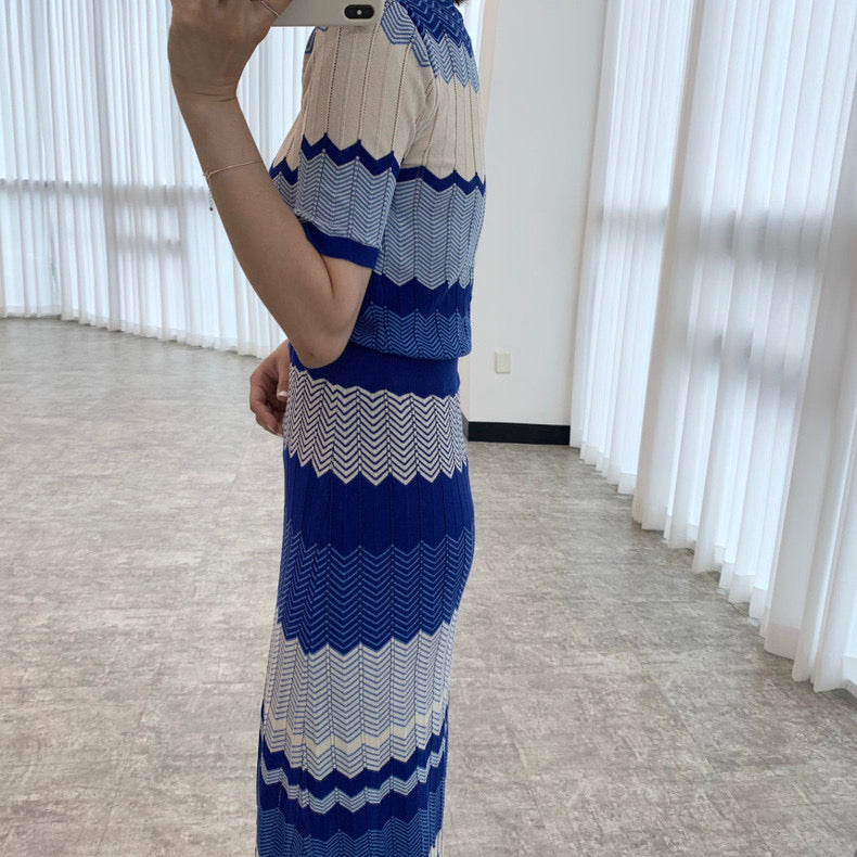 V領撞色波紋針織top+高腰修身包臀半身裙set