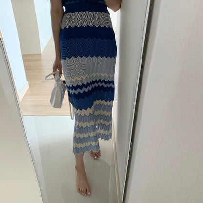 V領撞色波紋針織top+高腰修身包臀半身裙set