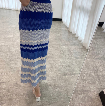 V領撞色波紋針織top+高腰修身包臀半身裙set