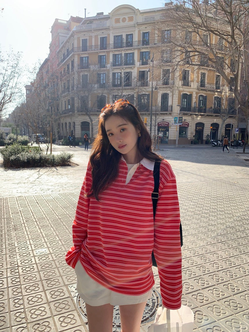 polo領休閒條紋恤衫