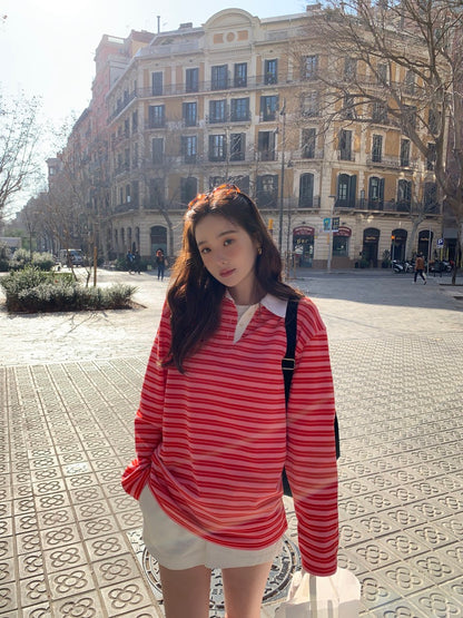 polo領休閒條紋恤衫