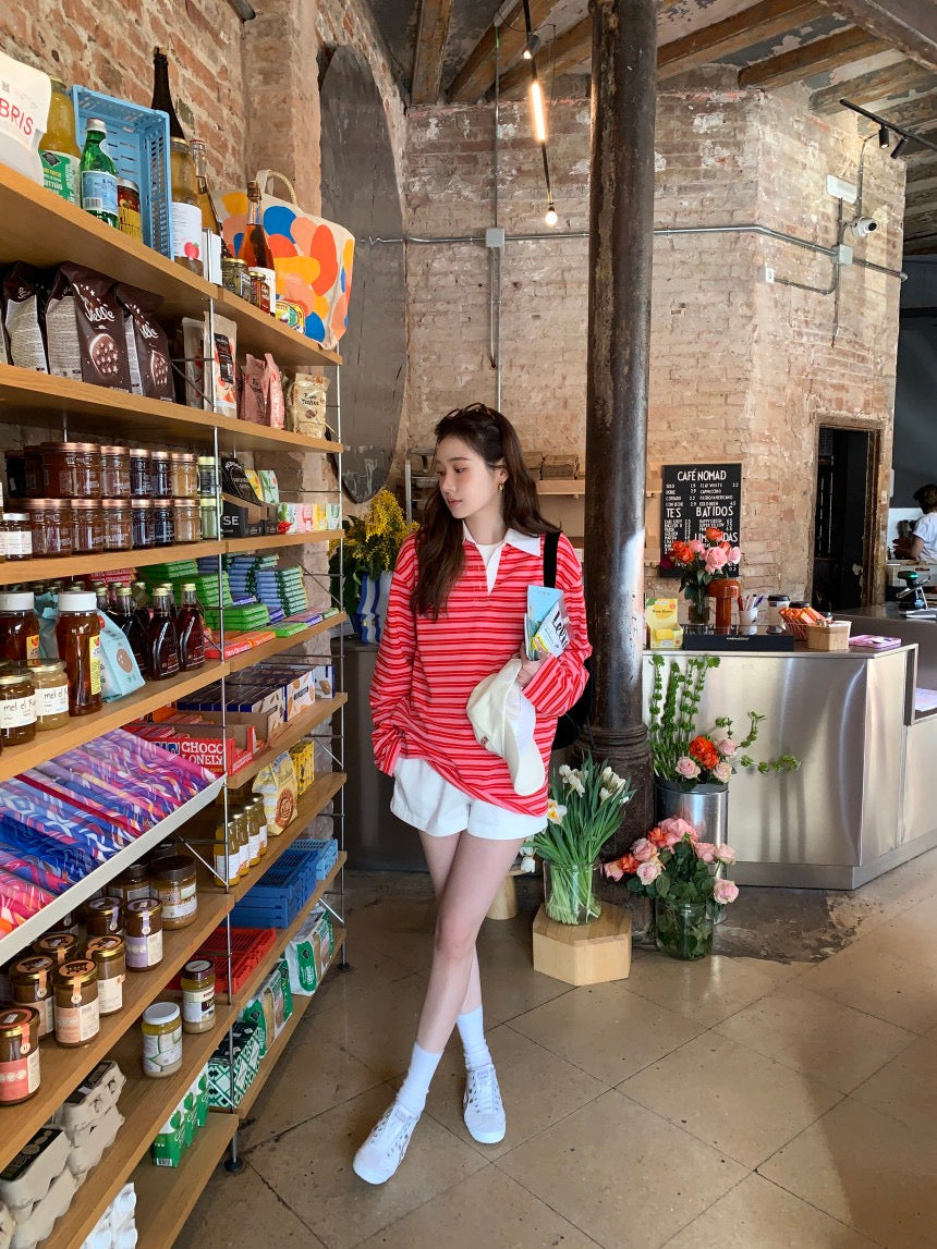 polo領休閒條紋恤衫