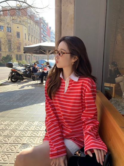 polo領休閒條紋恤衫