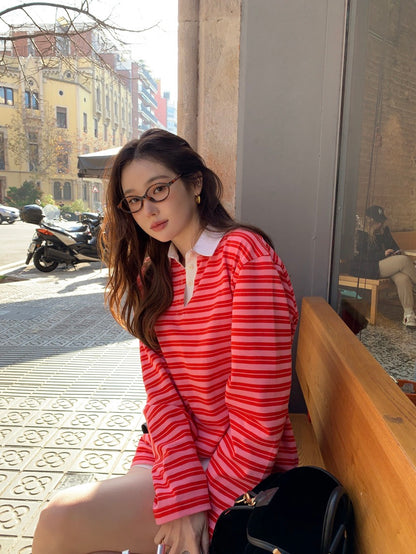 polo領休閒條紋恤衫