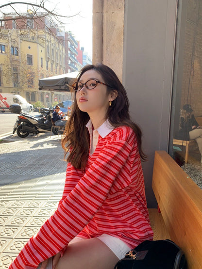 polo領休閒條紋恤衫