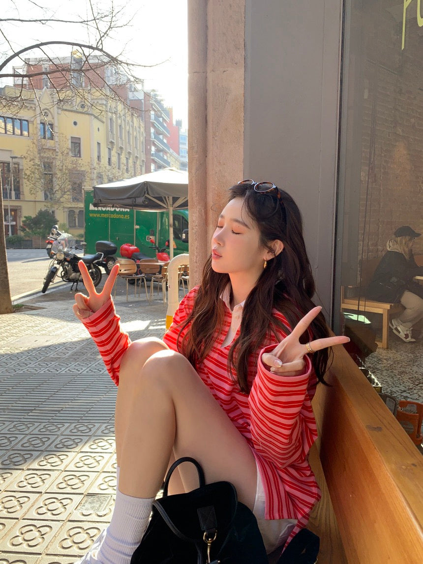 polo領休閒條紋恤衫