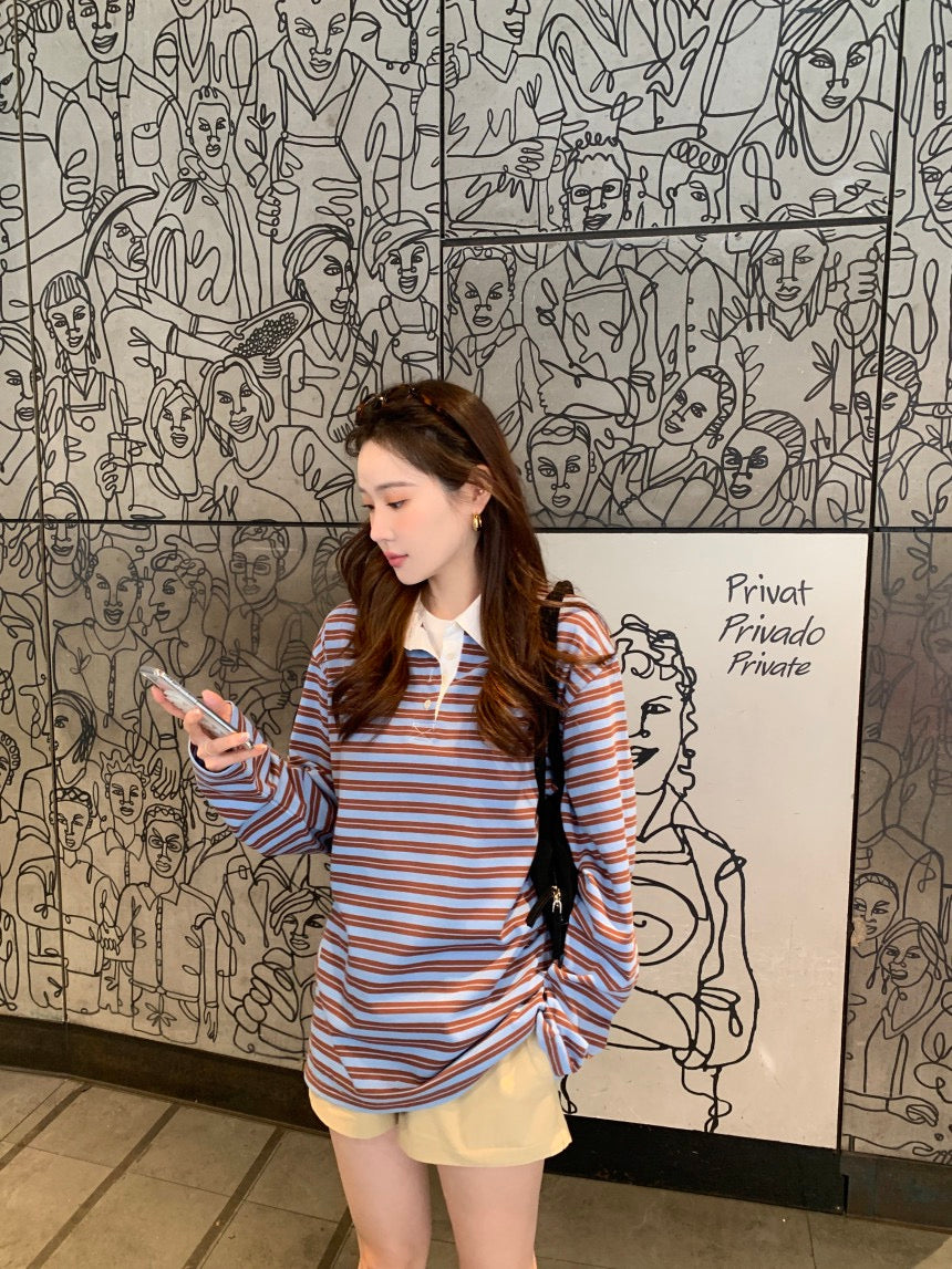 polo領休閒條紋恤衫