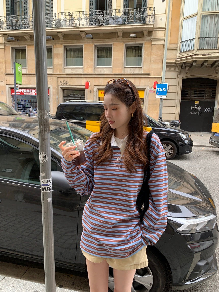 polo領休閒條紋恤衫