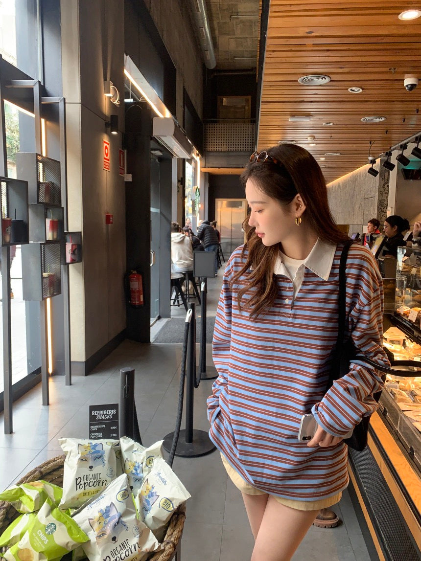 polo領休閒條紋恤衫