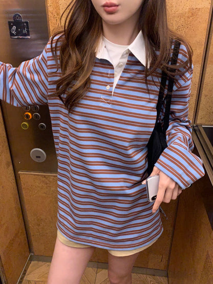 polo領休閒條紋恤衫