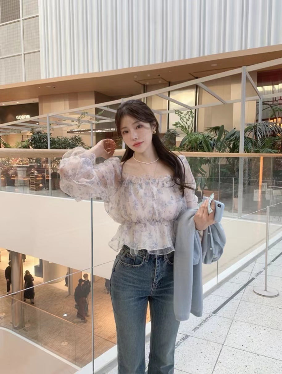 Off-the-shoulder Floral Puff Sleeve Chiffon Top