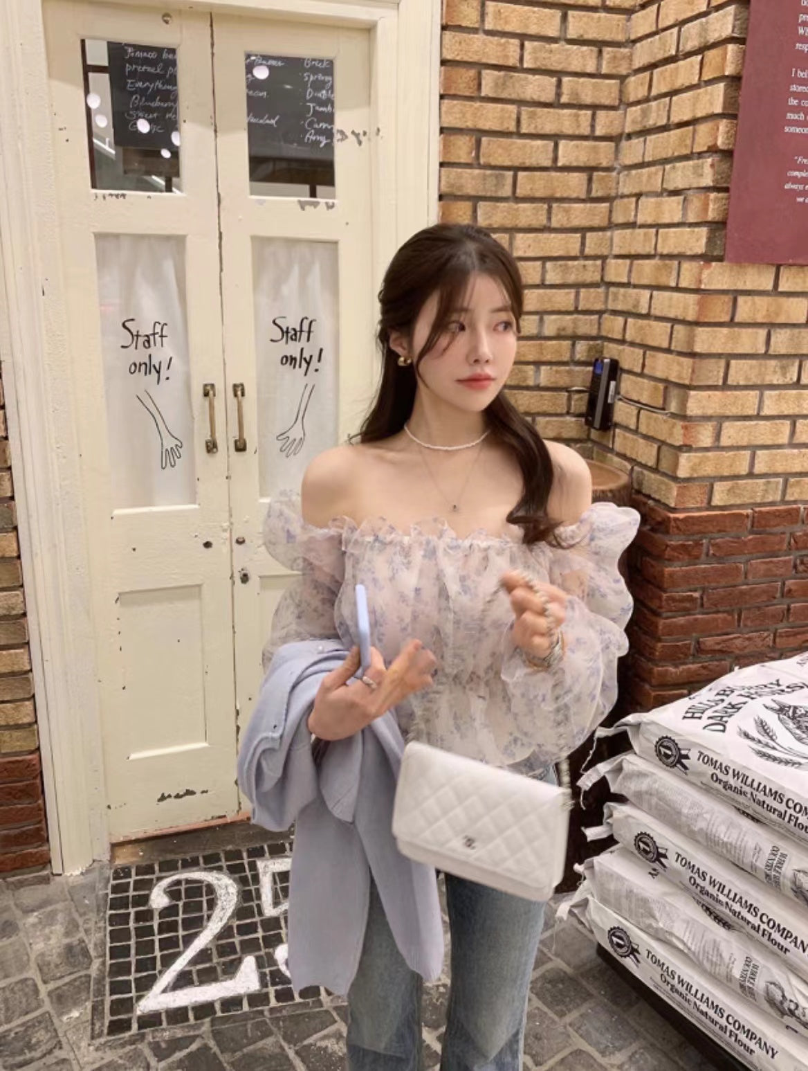 Off-the-shoulder Floral Puff Sleeve Chiffon Top