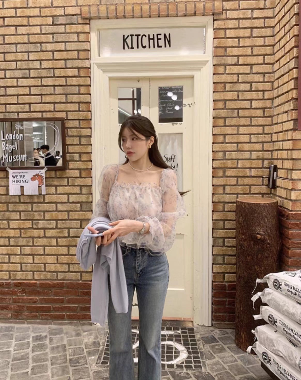 Off-the-shoulder Floral Puff Sleeve Chiffon Top