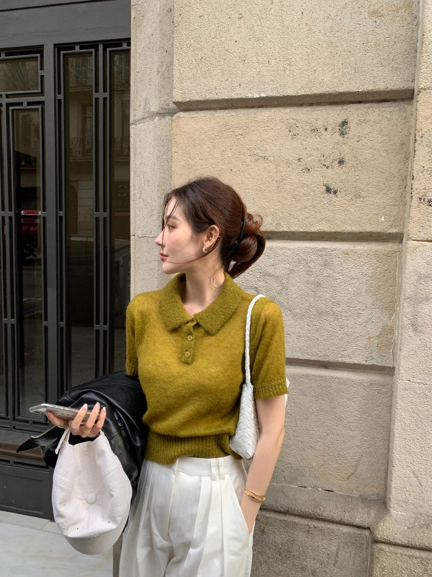 翻領針織短袖top