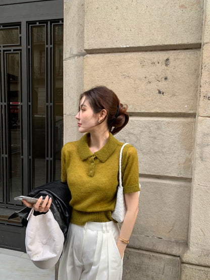 翻領針織短袖top