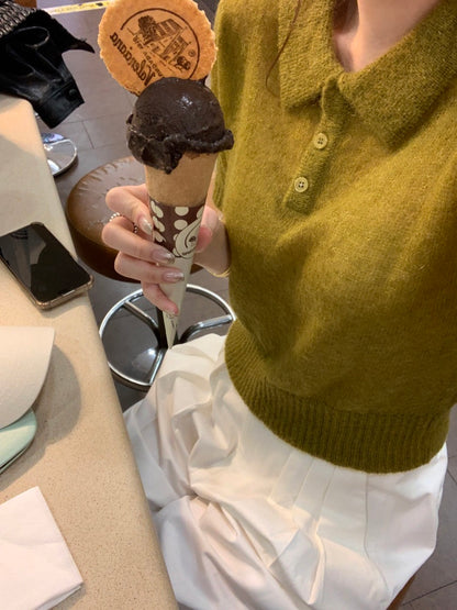 翻領針織短袖top