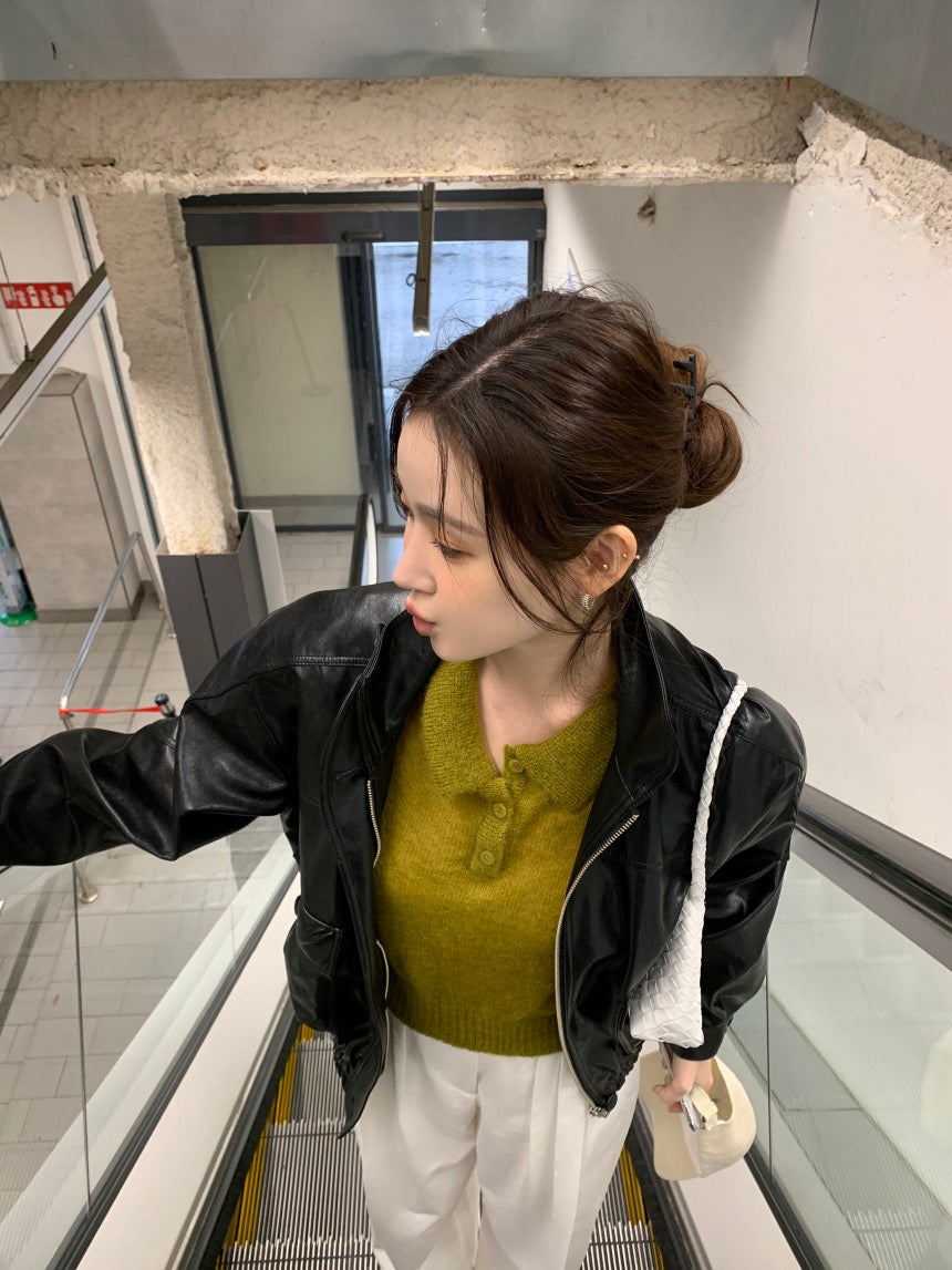 翻領針織短袖top