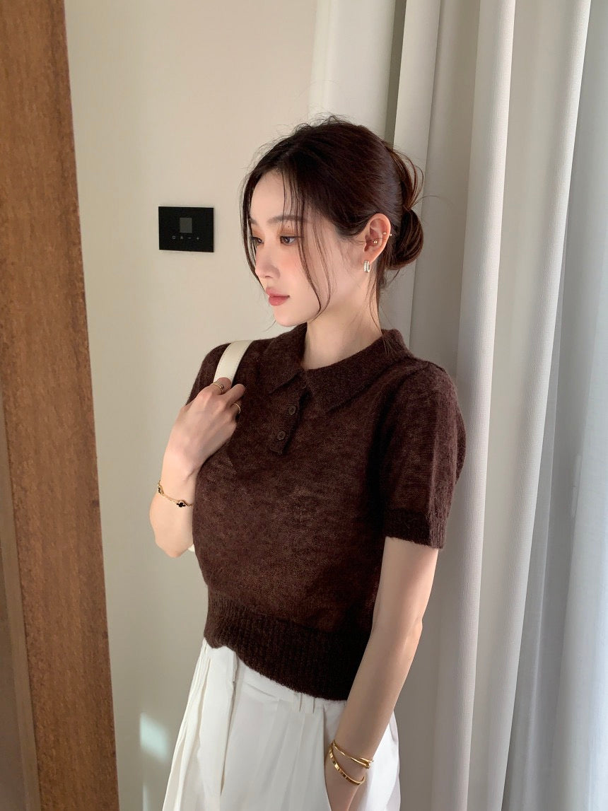 翻領針織短袖top