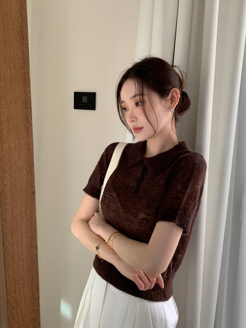 翻領針織短袖top